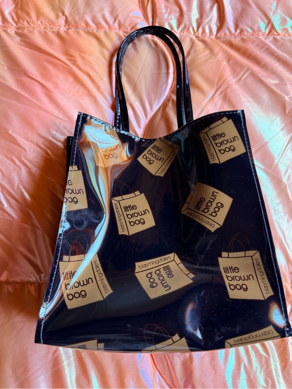 Bloomingdale's Black Tote with Beige 'Little Brown Bag' Print